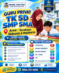 Poster bimbingan belajar privat Surabaya Sidoarjo Mojokerto untuk persiapan ujian sekolah siswa TK SD SMP SMA.