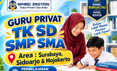 Guru les privat perempuan sedang mendampingi anak SD belajar Matematika dengan sabar di rumah area Surabaya Sidoarjo
